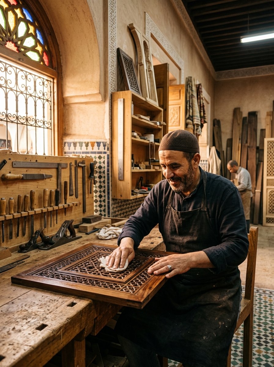 Compagnon artisan ébéniste en atelier à Marrakech