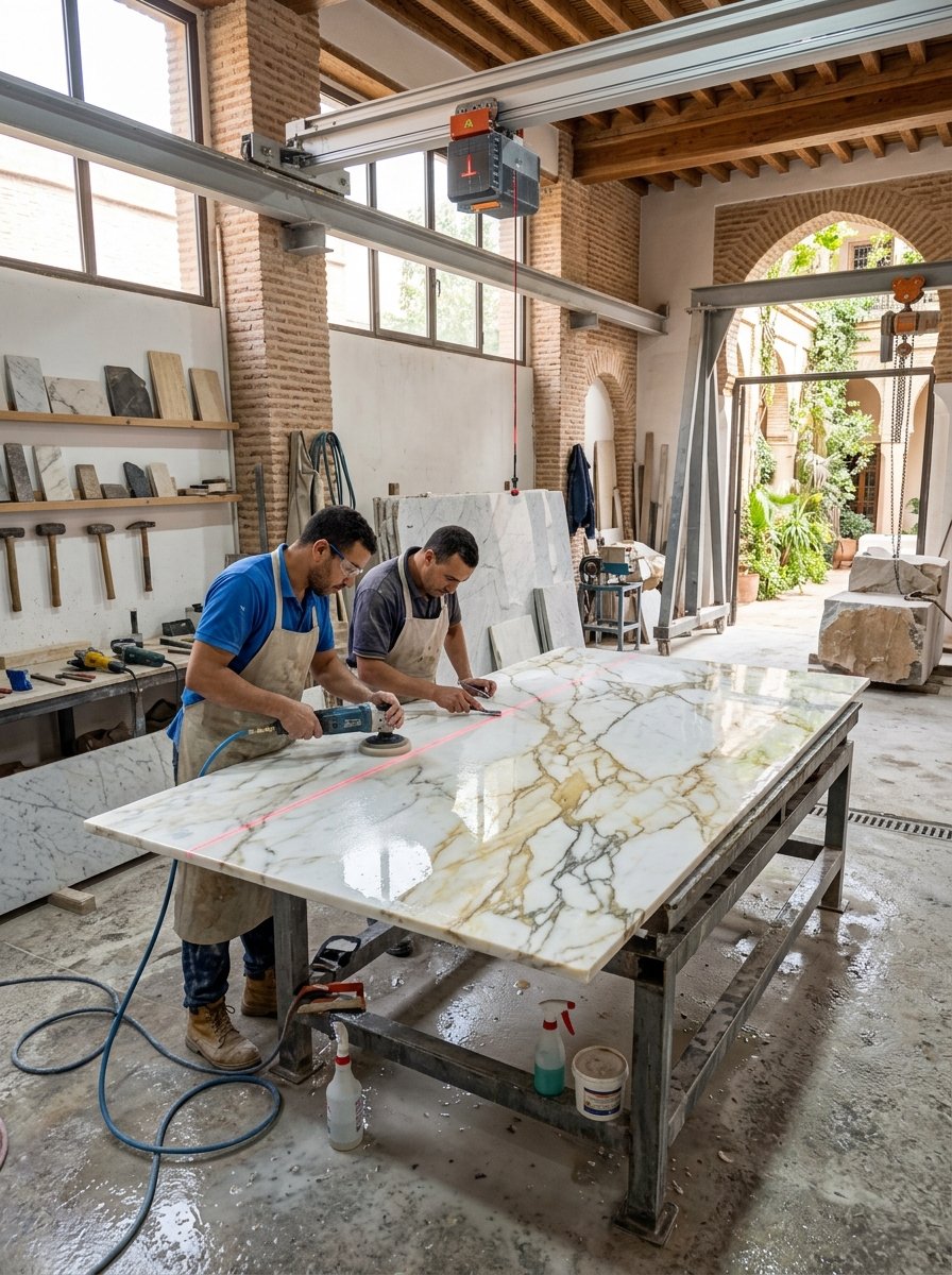 Marbrerie fine et découpe de pierre en atelier à Marrakech